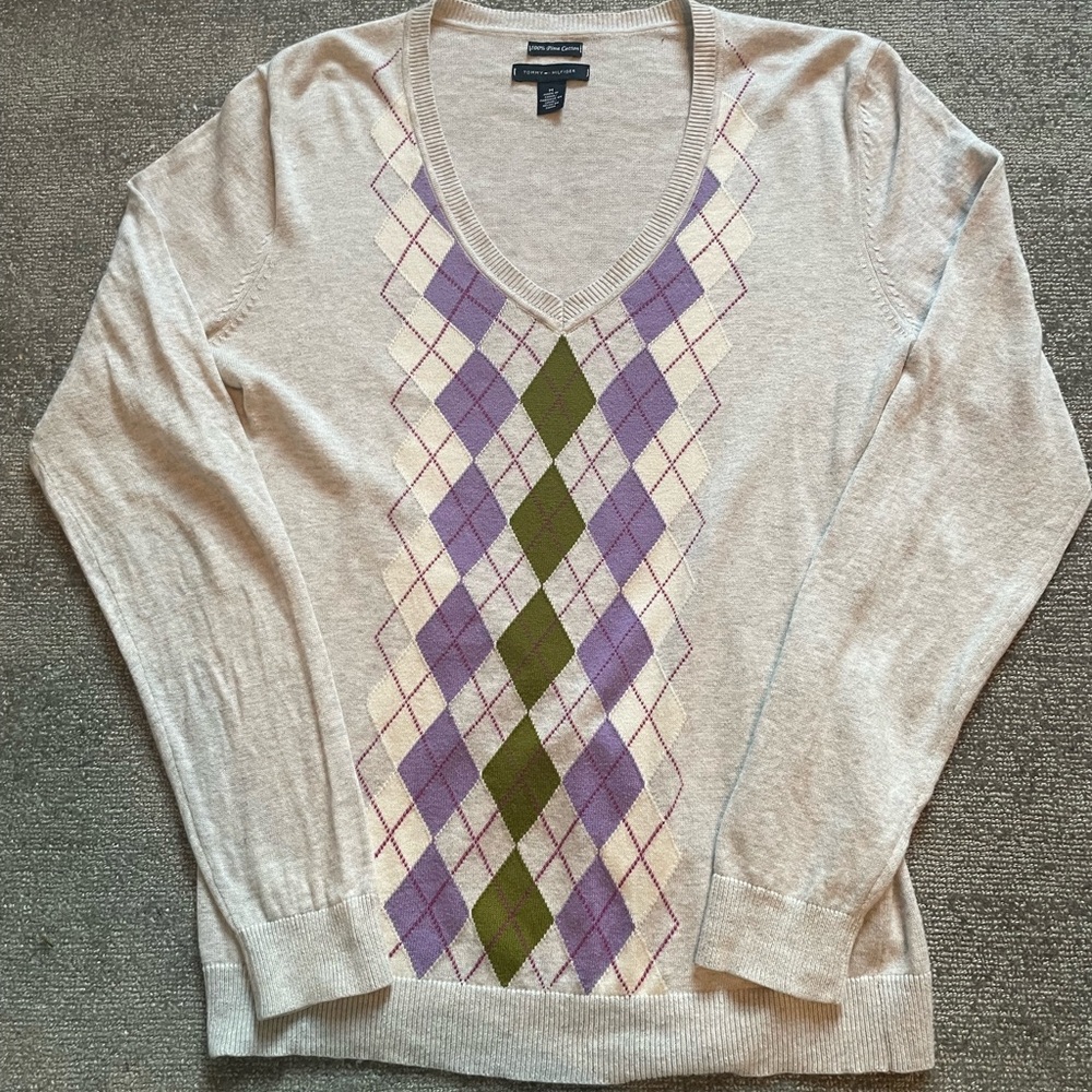 Tommy Hilfiger argyle purple and green sweater V cut size S/M